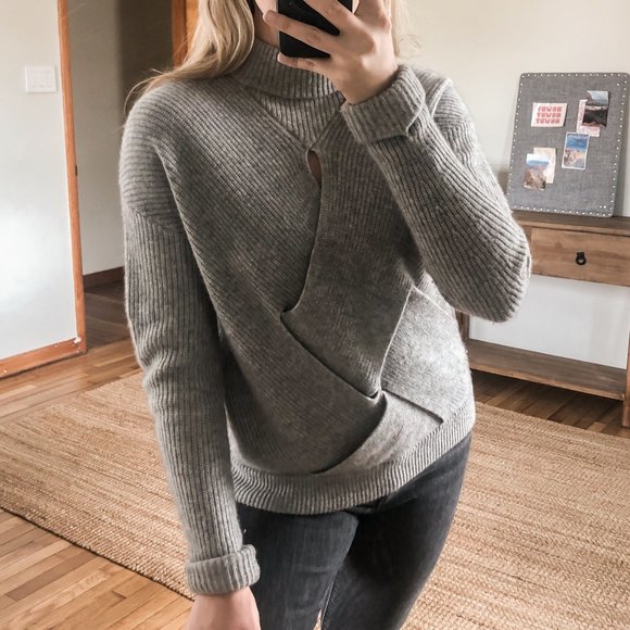 Magaschoni Sweaters - Magaschoni 100% Cashmere Cutout Knit Classic Grey Mock Neck Sweater Women's M